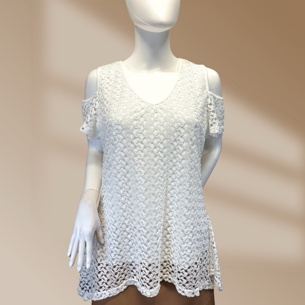 Shannon Ford Womens Cold Shoulder White Crochet Lace Shark Bite Hem Sz Large